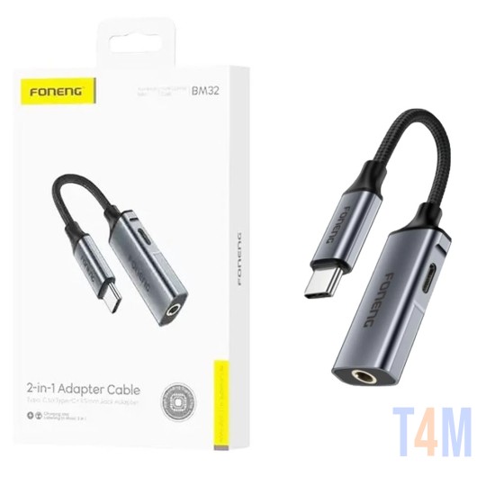 Foneng 2-in-1 Audio Adapter Cable BM32 (Type-C to Type-C+Female 3.5mm) 30cm Metallic Gray